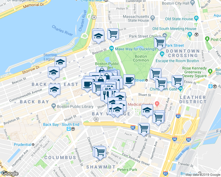 map of restaurants, bars, coffee shops, grocery stores, and more near 10-54 Park Plaza in Boston