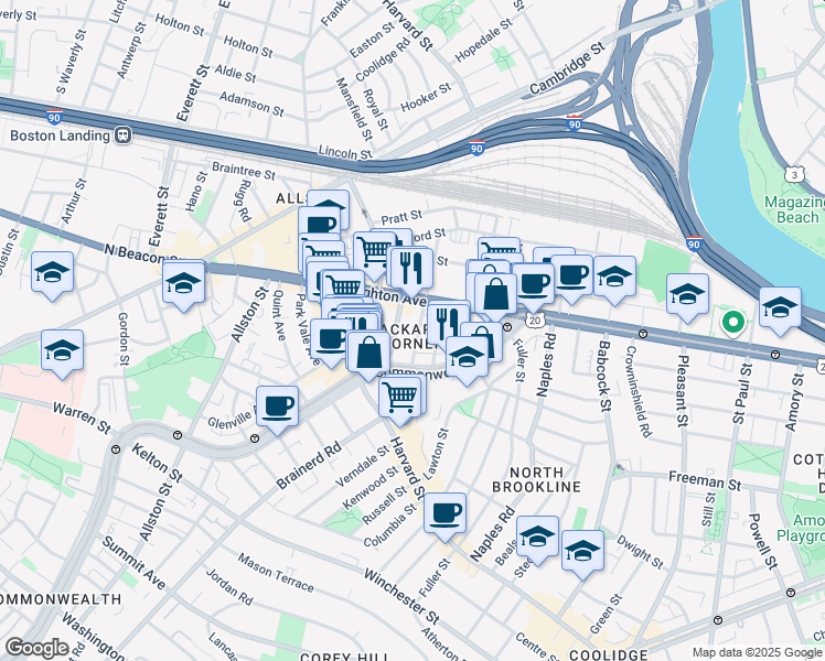 map of restaurants, bars, coffee shops, grocery stores, and more near 11 Chester Street in Boston