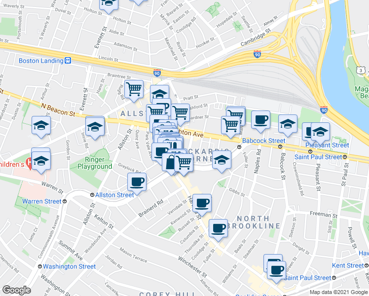 map of restaurants, bars, coffee shops, grocery stores, and more near 1197 Commonwealth Avenue in Boston