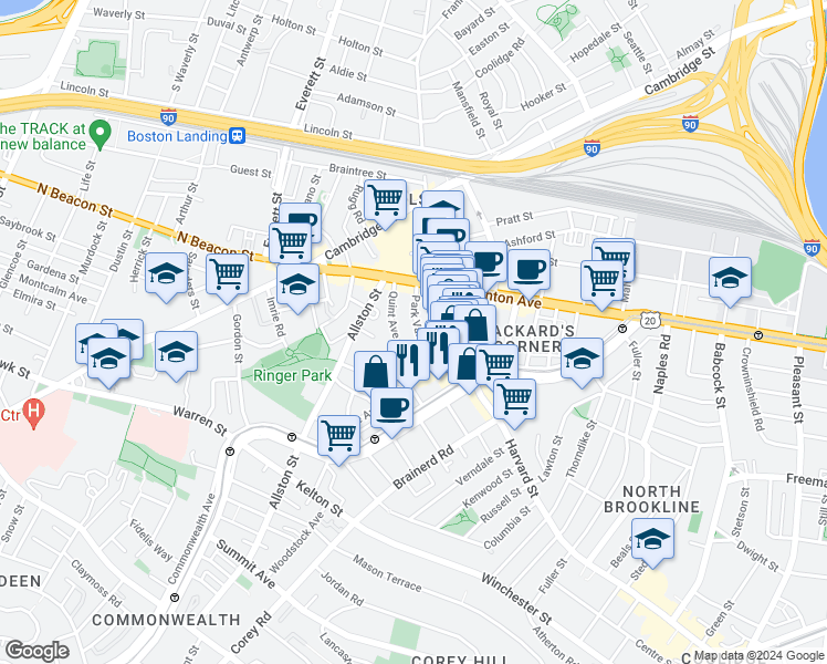 map of restaurants, bars, coffee shops, grocery stores, and more near 10-14 Park Vale Avenue in Boston