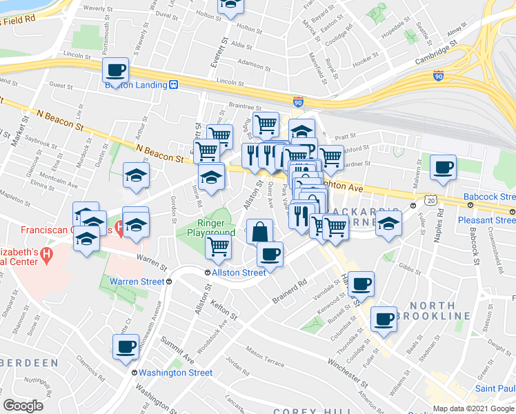 map of restaurants, bars, coffee shops, grocery stores, and more near 17 Radcliffe Road in Boston