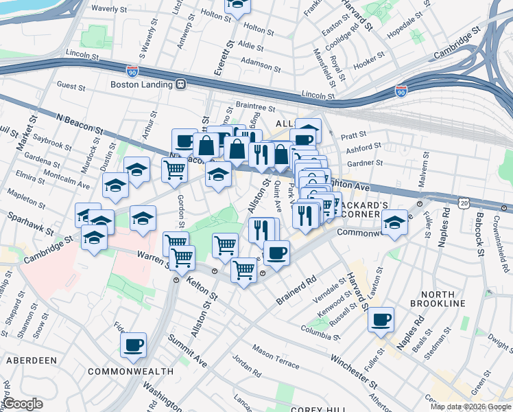 map of restaurants, bars, coffee shops, grocery stores, and more near 68 Allston Street in Boston