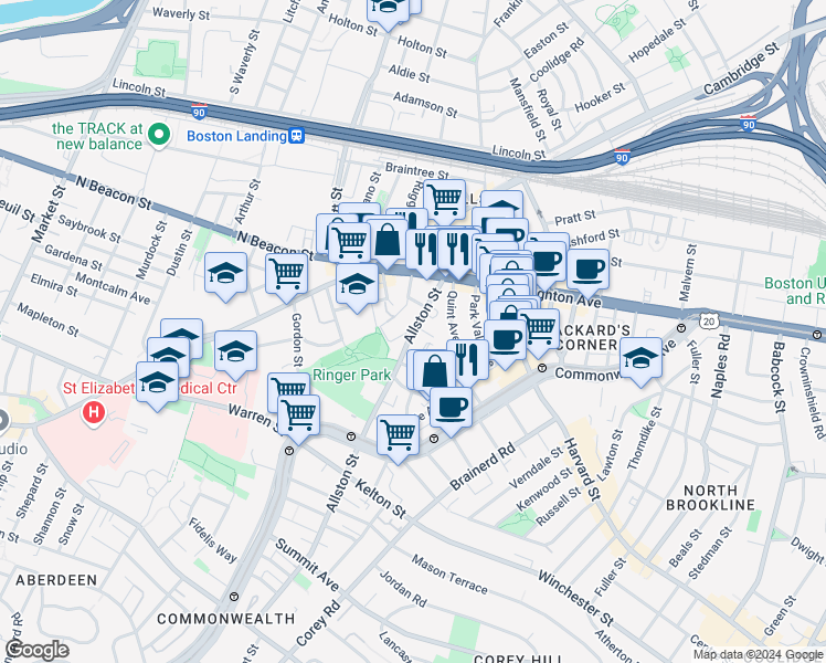 map of restaurants, bars, coffee shops, grocery stores, and more near 68 Allston Street in Boston