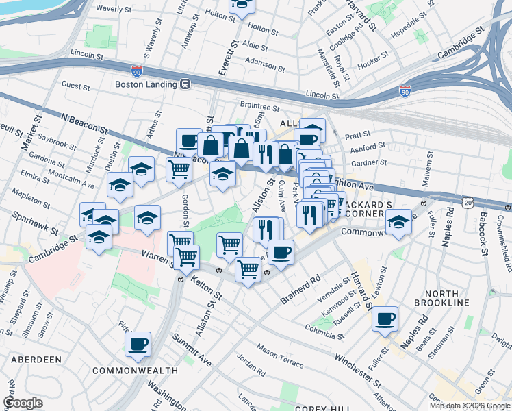 map of restaurants, bars, coffee shops, grocery stores, and more near 68 Allston Street in Boston