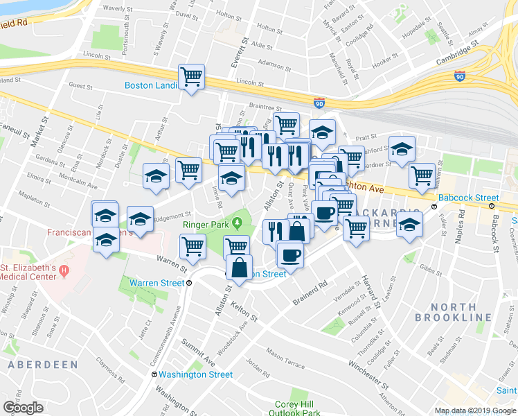 map of restaurants, bars, coffee shops, grocery stores, and more near 68 Allston Street in Boston
