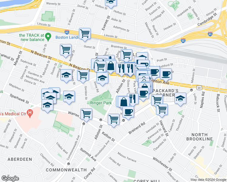 map of restaurants, bars, coffee shops, grocery stores, and more near 68 Allston Street in Boston