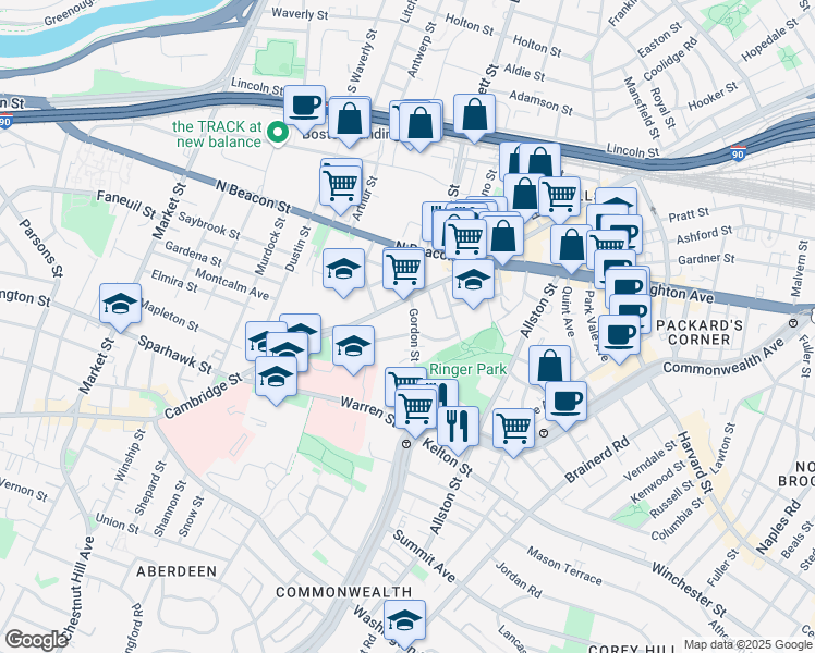 map of restaurants, bars, coffee shops, grocery stores, and more near 59 Gordon Street in Boston