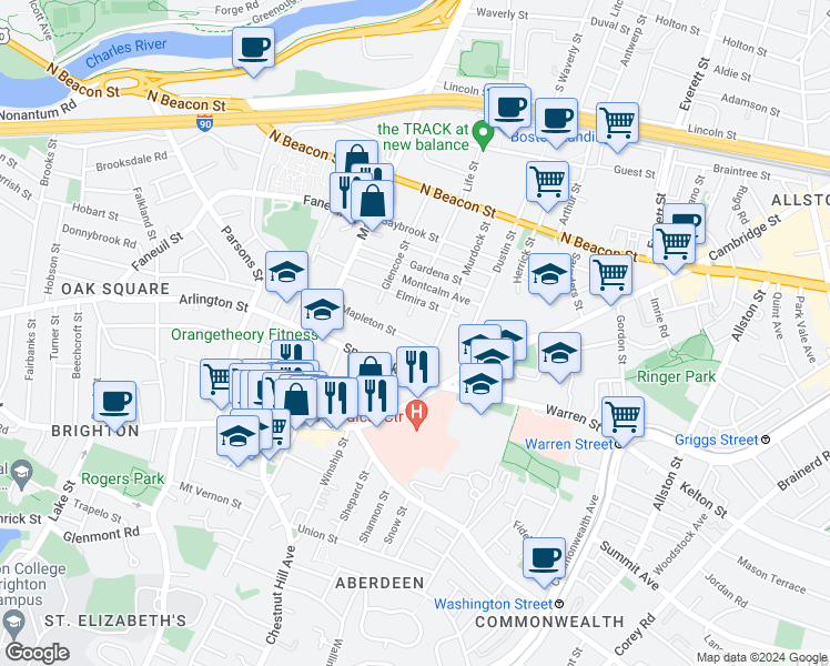 map of restaurants, bars, coffee shops, grocery stores, and more near 30 Murdock Street in Boston