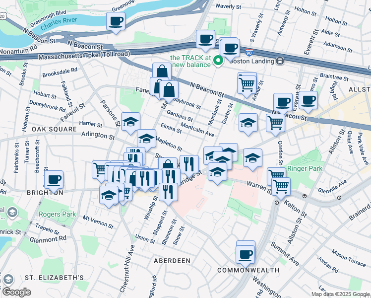 map of restaurants, bars, coffee shops, grocery stores, and more near 30 Murdock Street in Boston