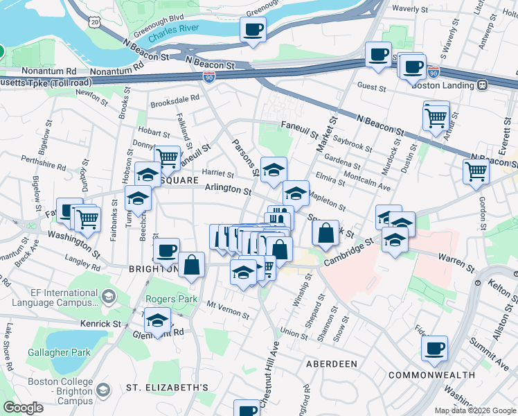 map of restaurants, bars, coffee shops, grocery stores, and more near 55 Leicester Street in Boston