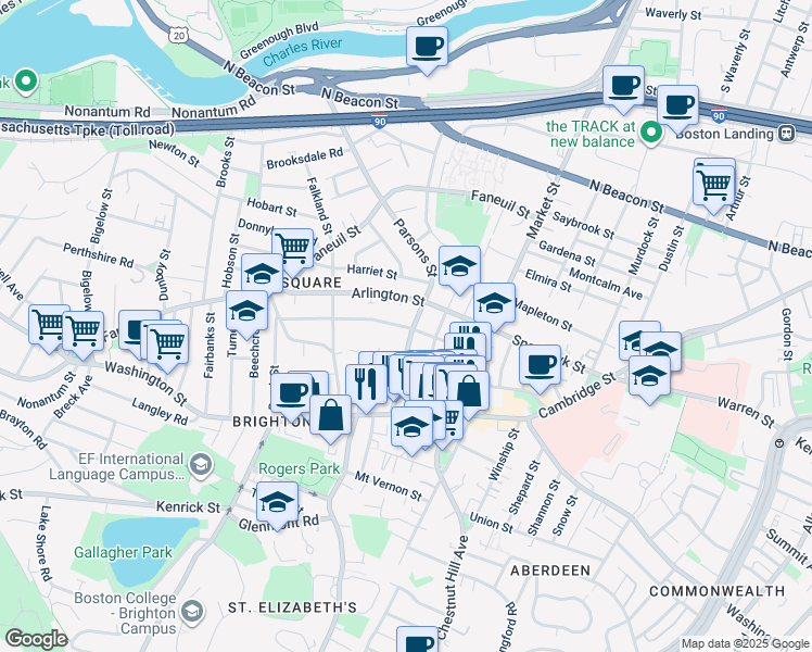map of restaurants, bars, coffee shops, grocery stores, and more near 38-40 Parsons Street in Boston