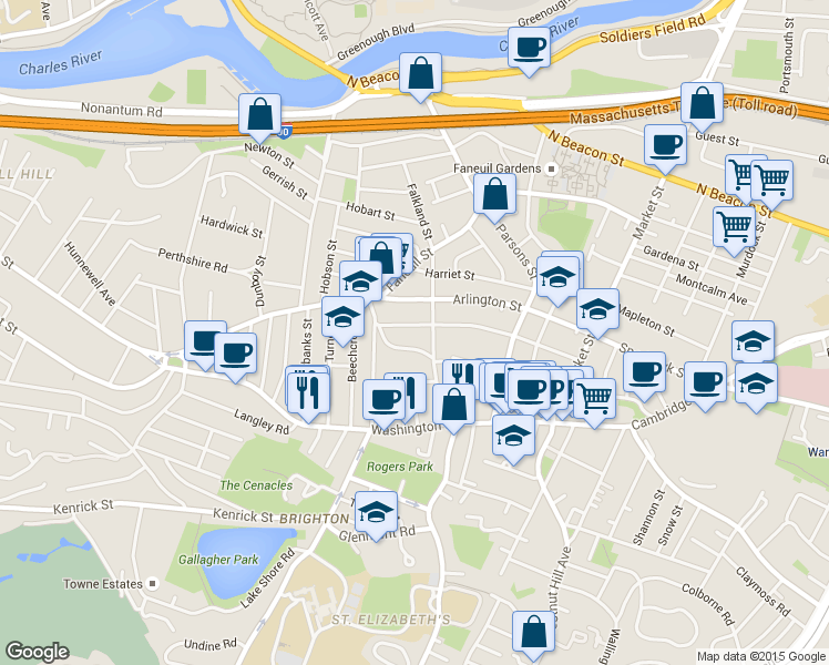 map of restaurants, bars, coffee shops, grocery stores, and more near 56 Oakland Street in Boston