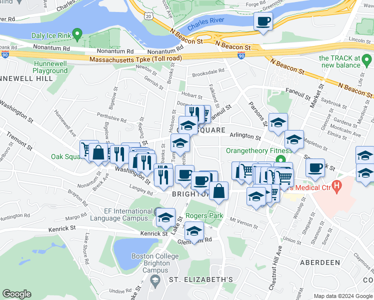 map of restaurants, bars, coffee shops, grocery stores, and more near 50 Beechcroft Street in Boston