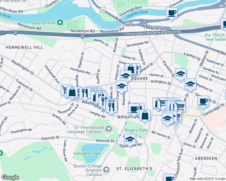 map of restaurants, bars, coffee shops, grocery stores, and more near 52 Fairbanks Street in Boston