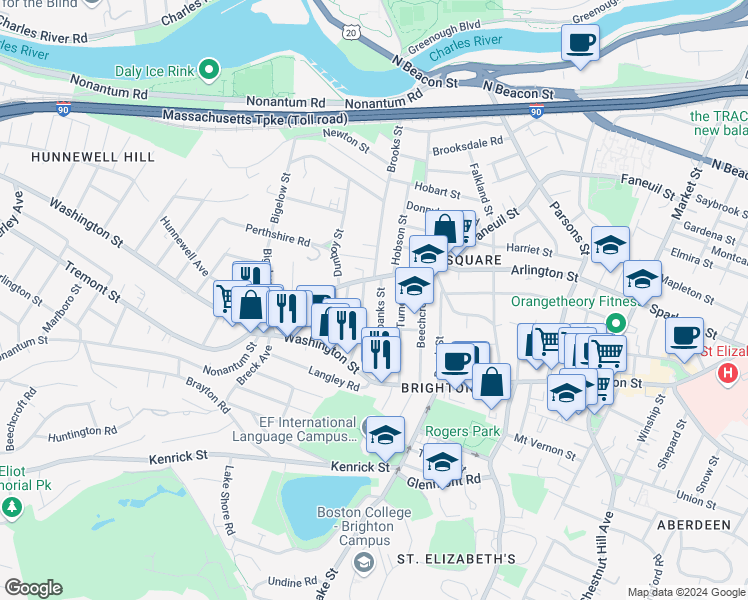 map of restaurants, bars, coffee shops, grocery stores, and more near 52 Fairbanks Street in Boston