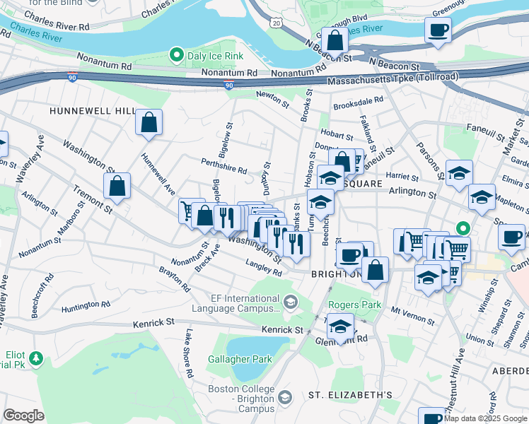 map of restaurants, bars, coffee shops, grocery stores, and more near 25-27 Montfern Avenue in Boston