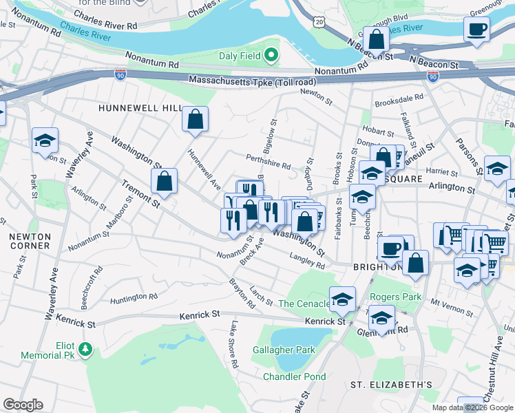 map of restaurants, bars, coffee shops, grocery stores, and more near 600 Washington Street in Boston
