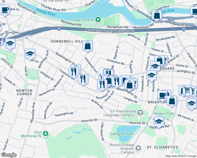 map of restaurants, bars, coffee shops, grocery stores, and more near 11 Tip Top Street in Boston