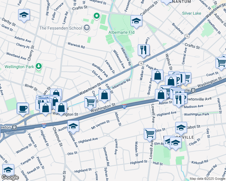 map of restaurants, bars, coffee shops, grocery stores, and more near 50 Parsons Street in Newton
