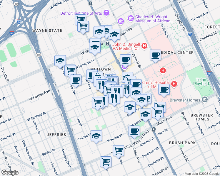 map of restaurants, bars, coffee shops, grocery stores, and more near 4229 Cass Avenue in Detroit