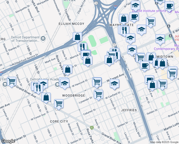 map of restaurants, bars, coffee shops, grocery stores, and more near 1534 West Hancock Street in Detroit