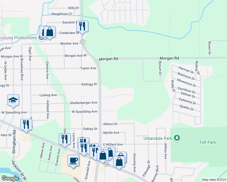 map of restaurants, bars, coffee shops, grocery stores, and more near 29 Laura Lane in Battle Creek