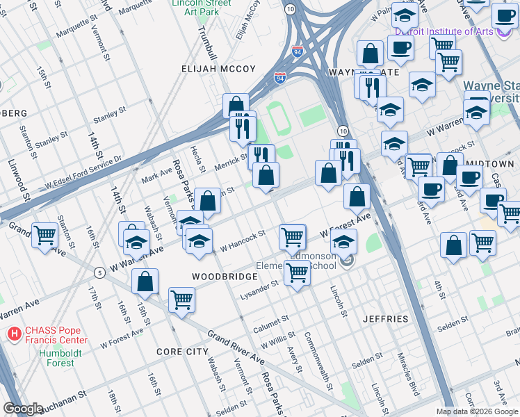map of restaurants, bars, coffee shops, grocery stores, and more near 4864 Commonwealth Street in Detroit