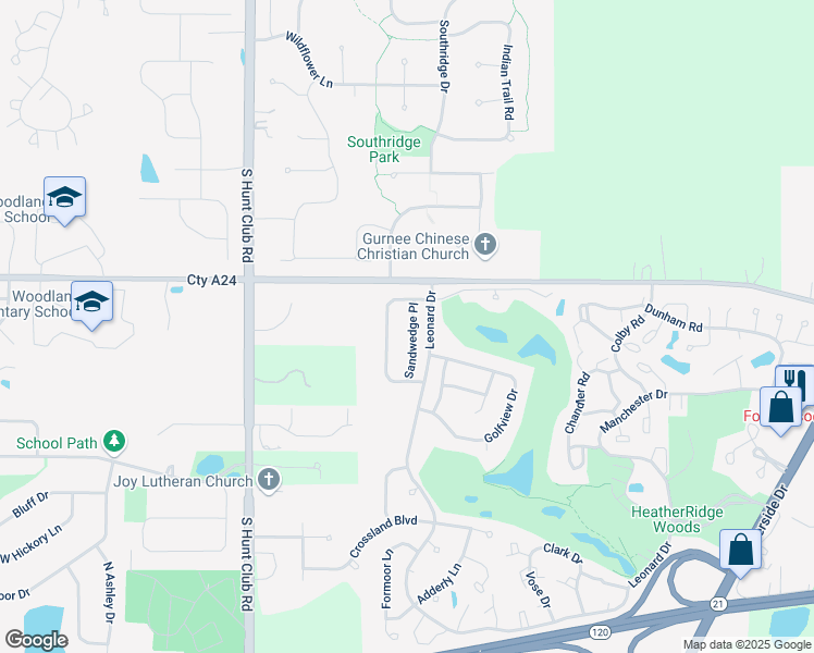 map of restaurants, bars, coffee shops, grocery stores, and more near 633 Sandwedge Place in Gurnee
