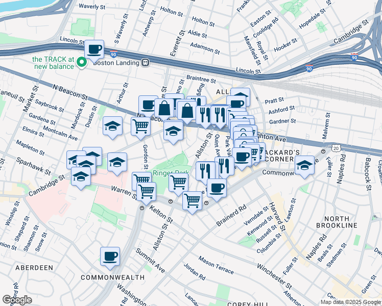 map of restaurants, bars, coffee shops, grocery stores, and more near 68 Allston Street in Boston