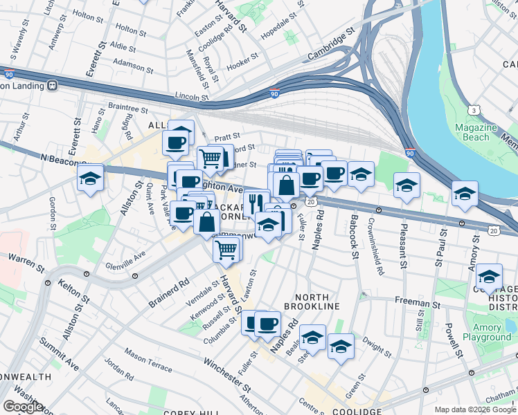 map of restaurants, bars, coffee shops, grocery stores, and more near 1131 Commonwealth Avenue in Boston