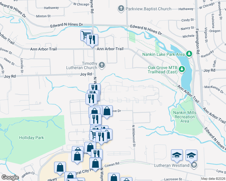 map of restaurants, bars, coffee shops, grocery stores, and more near 34604 Fountain Boulevard in Westland