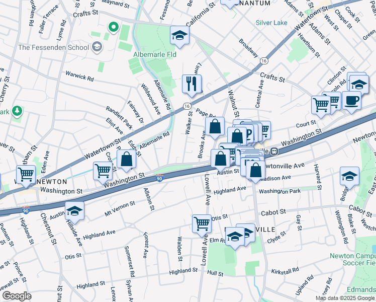 map of restaurants, bars, coffee shops, grocery stores, and more near 973 Washington Street in Newton