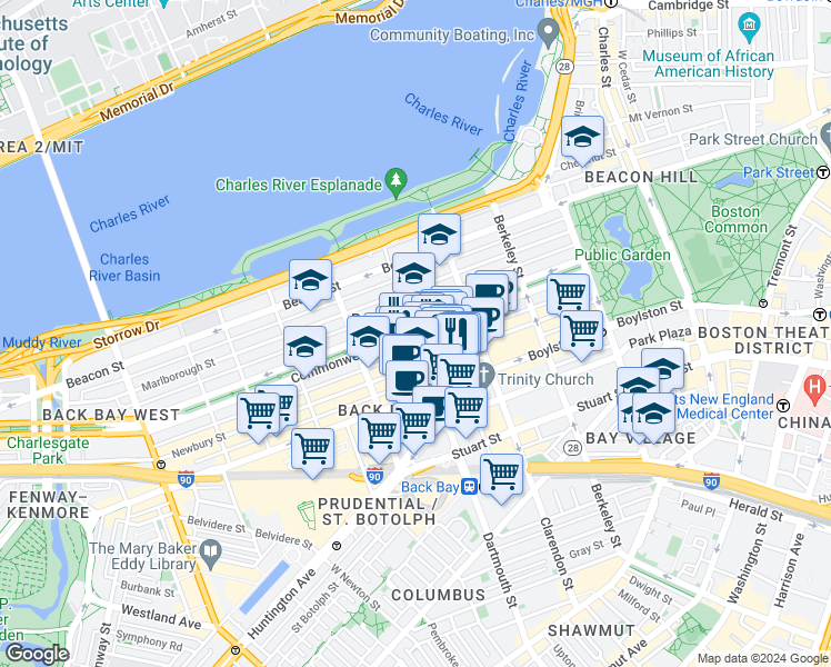 map of restaurants, bars, coffee shops, grocery stores, and more near 156 Commonwealth Avenue in Boston