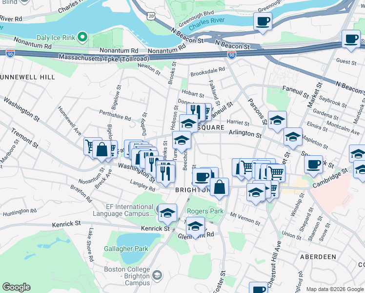 map of restaurants, bars, coffee shops, grocery stores, and more near 84 Beechcroft Street in Boston