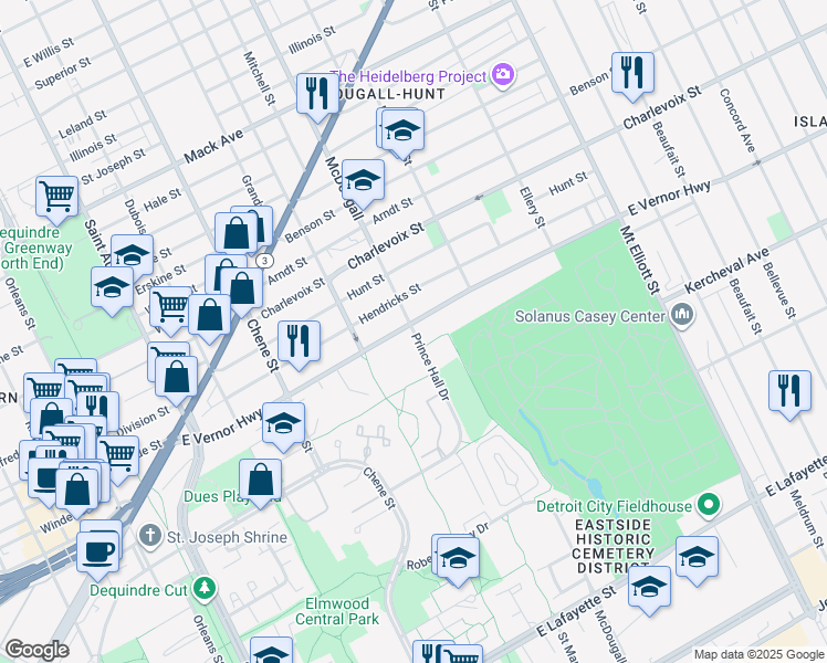 map of restaurants, bars, coffee shops, grocery stores, and more near 2944 Prince Hall Drive in Detroit