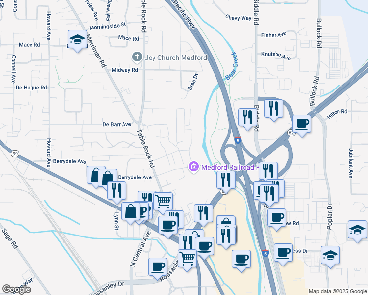 map of restaurants, bars, coffee shops, grocery stores, and more near Berrydale Avenue in Medford