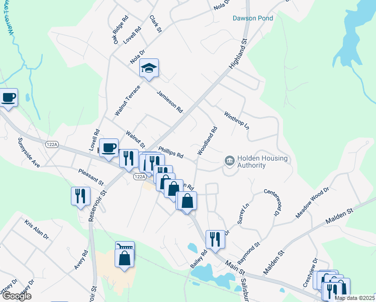 map of restaurants, bars, coffee shops, grocery stores, and more near 48 Phillips Road in Holden
