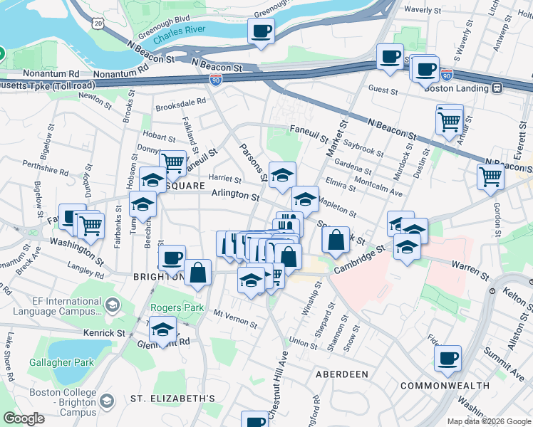 map of restaurants, bars, coffee shops, grocery stores, and more near 55 Leicester Street in Boston