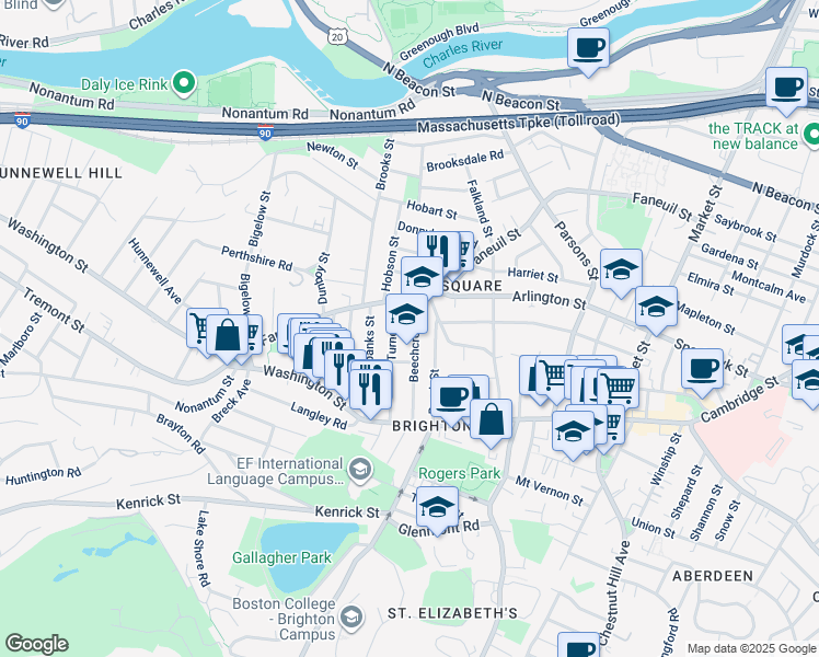 map of restaurants, bars, coffee shops, grocery stores, and more near 50 Beechcroft Street in Boston