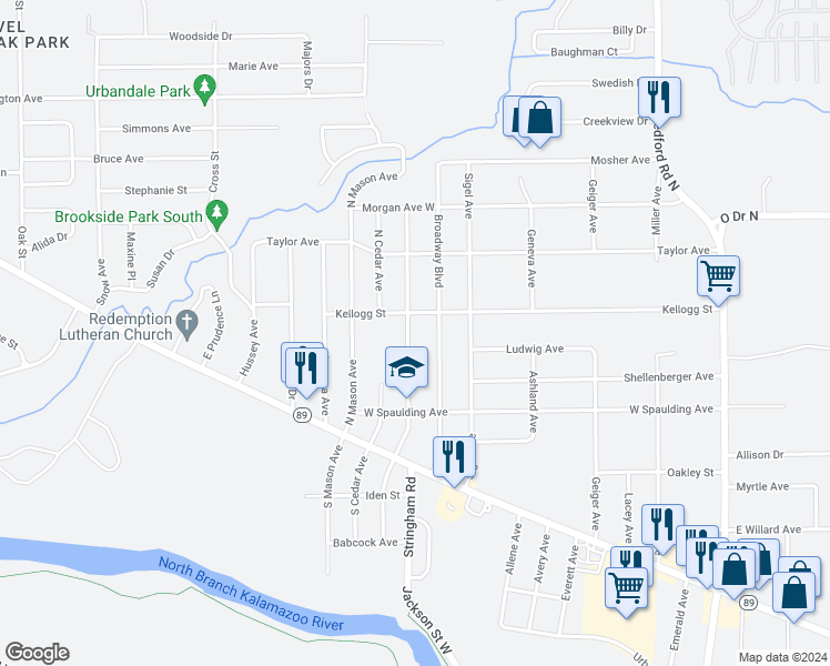 map of restaurants, bars, coffee shops, grocery stores, and more near 116 North Woodlawn Avenue in Battle Creek