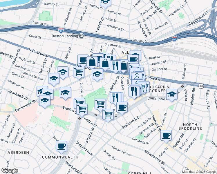 map of restaurants, bars, coffee shops, grocery stores, and more near 68 Allston Street in Boston