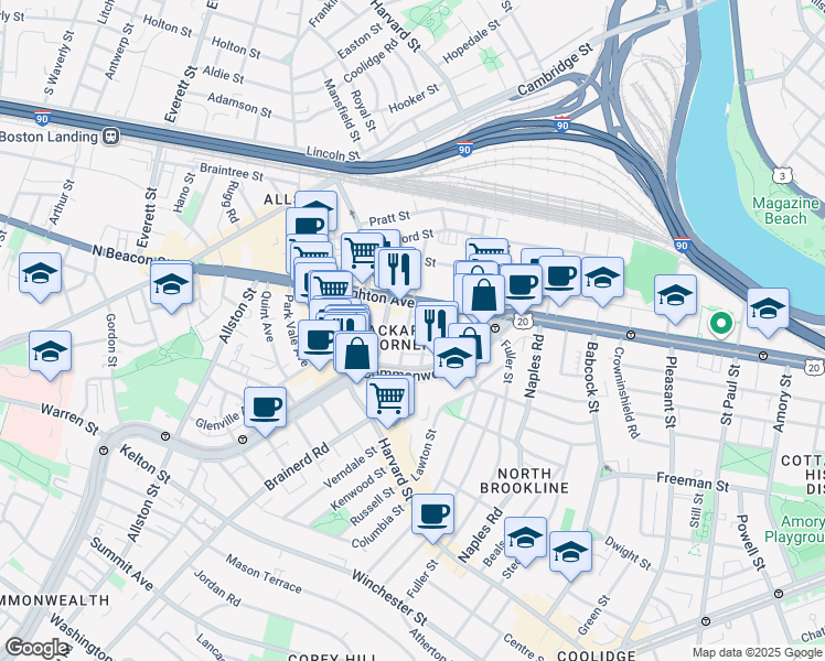 map of restaurants, bars, coffee shops, grocery stores, and more near 11 Chester Street in Boston