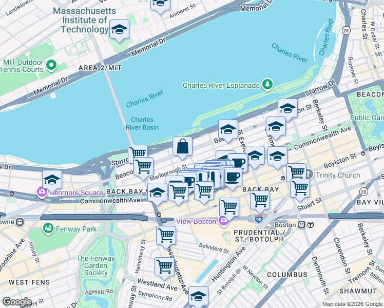 map of restaurants, bars, coffee shops, grocery stores, and more near 11 Gloucester Street in Boston