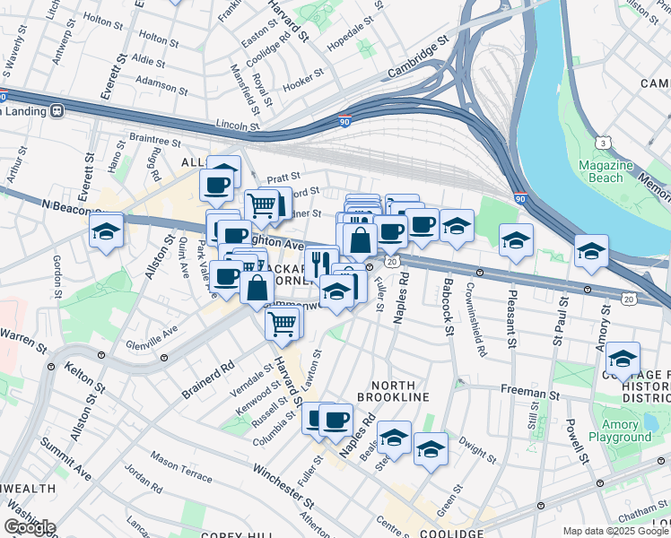 map of restaurants, bars, coffee shops, grocery stores, and more near 1131 Commonwealth Avenue in Boston