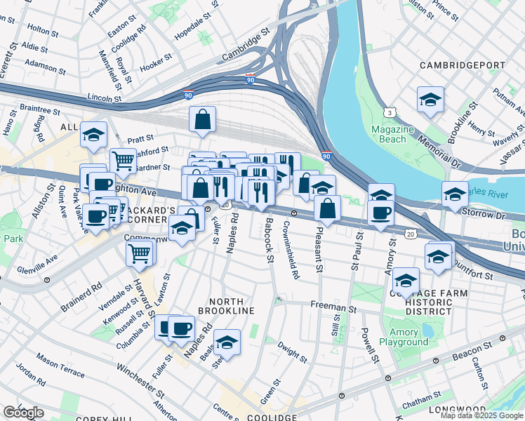 map of restaurants, bars, coffee shops, grocery stores, and more near 20 Winslow Road in Brookline