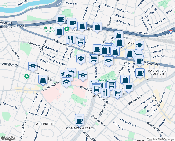 map of restaurants, bars, coffee shops, grocery stores, and more near 40B Ridgemont Street in Boston