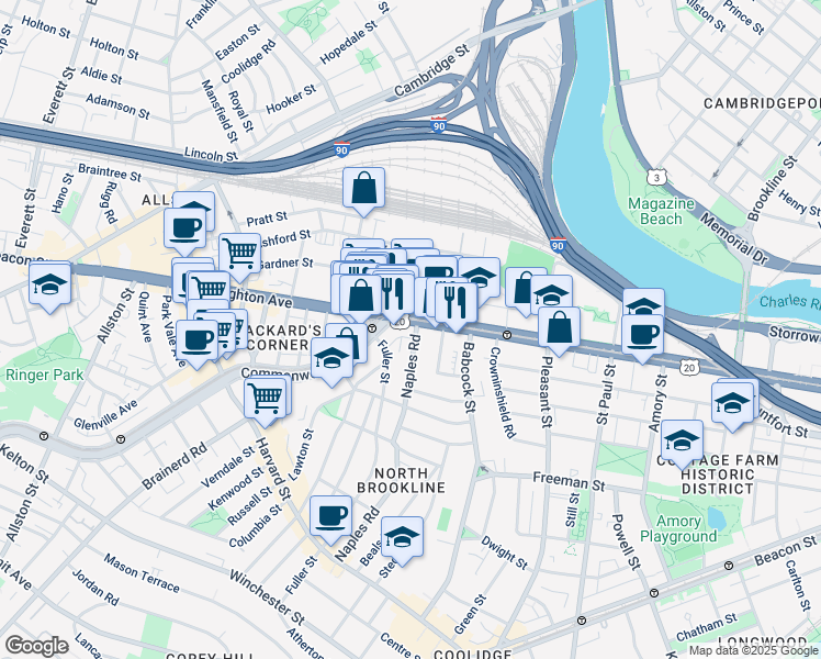 map of restaurants, bars, coffee shops, grocery stores, and more near 1082 Commonwealth Avenue in Boston