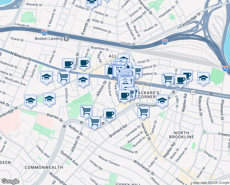 map of restaurants, bars, coffee shops, grocery stores, and more near 47 Park Vale Avenue in Boston