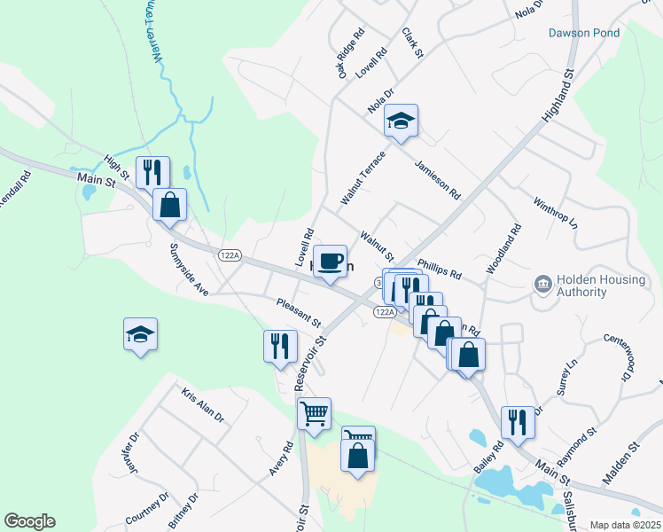 map of restaurants, bars, coffee shops, grocery stores, and more near in Holden