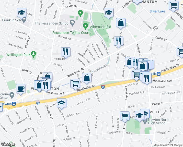 map of restaurants, bars, coffee shops, grocery stores, and more near 39 Eddy Street in Newton